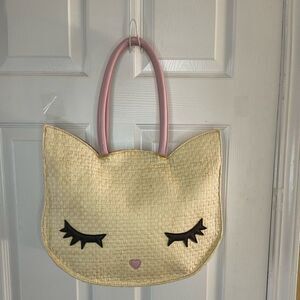 Betsey Johnson Straw/Rafia basket weave cat head medium tote bag pink straps